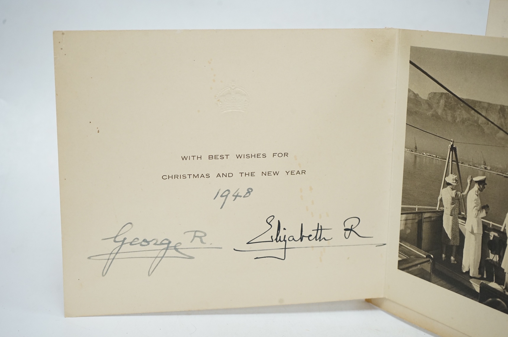 Three Royal Christmas cards from HM King George VI and Queen Elizabeth for 1948, 1949 and 1950, published by Raphael Tuck and Sons Ltd. with gilt embossed crowns on the front, inside; ‘with best wishes for Christmas and
